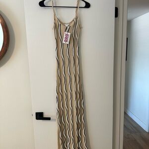 Le Lis Beige and Black Wavy Striped Maxi Dress